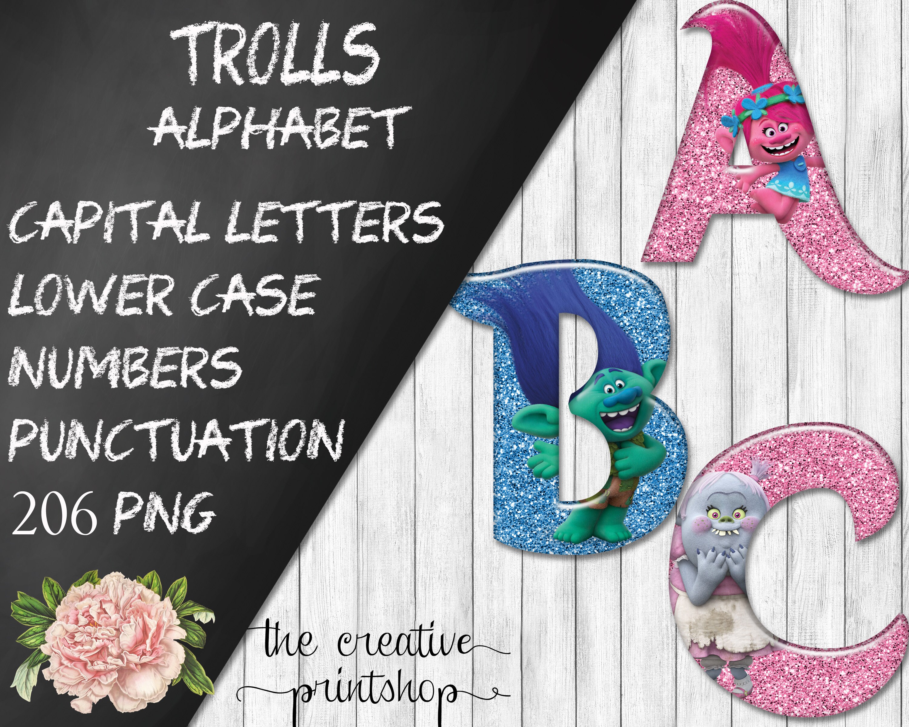 trolls alphabet font clipart instant download digital etsy