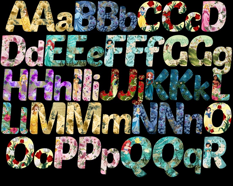 disney princesses alphabet font clipart digital princess etsy