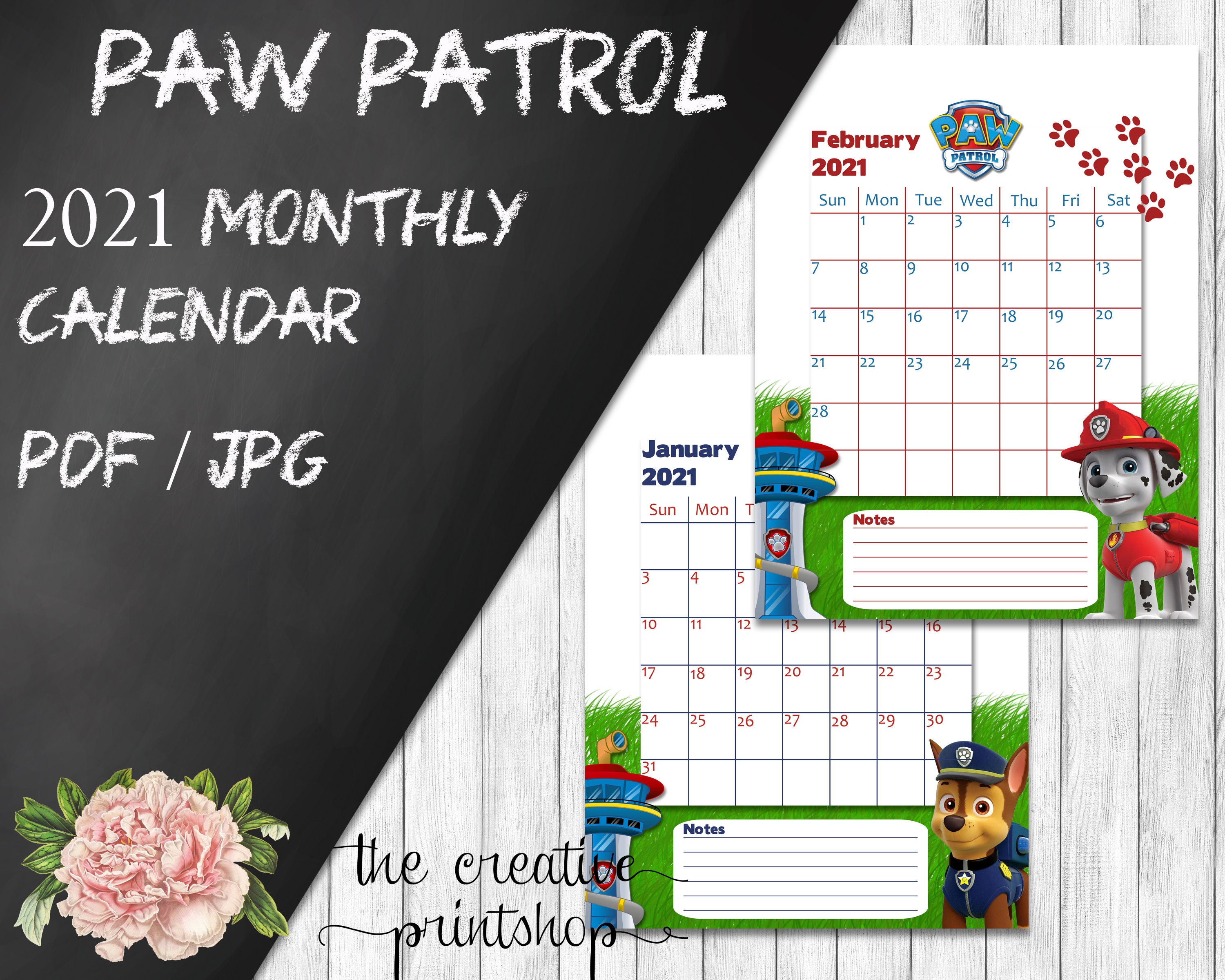Paw patrol 2021 calendar instant download digital calendar etsy