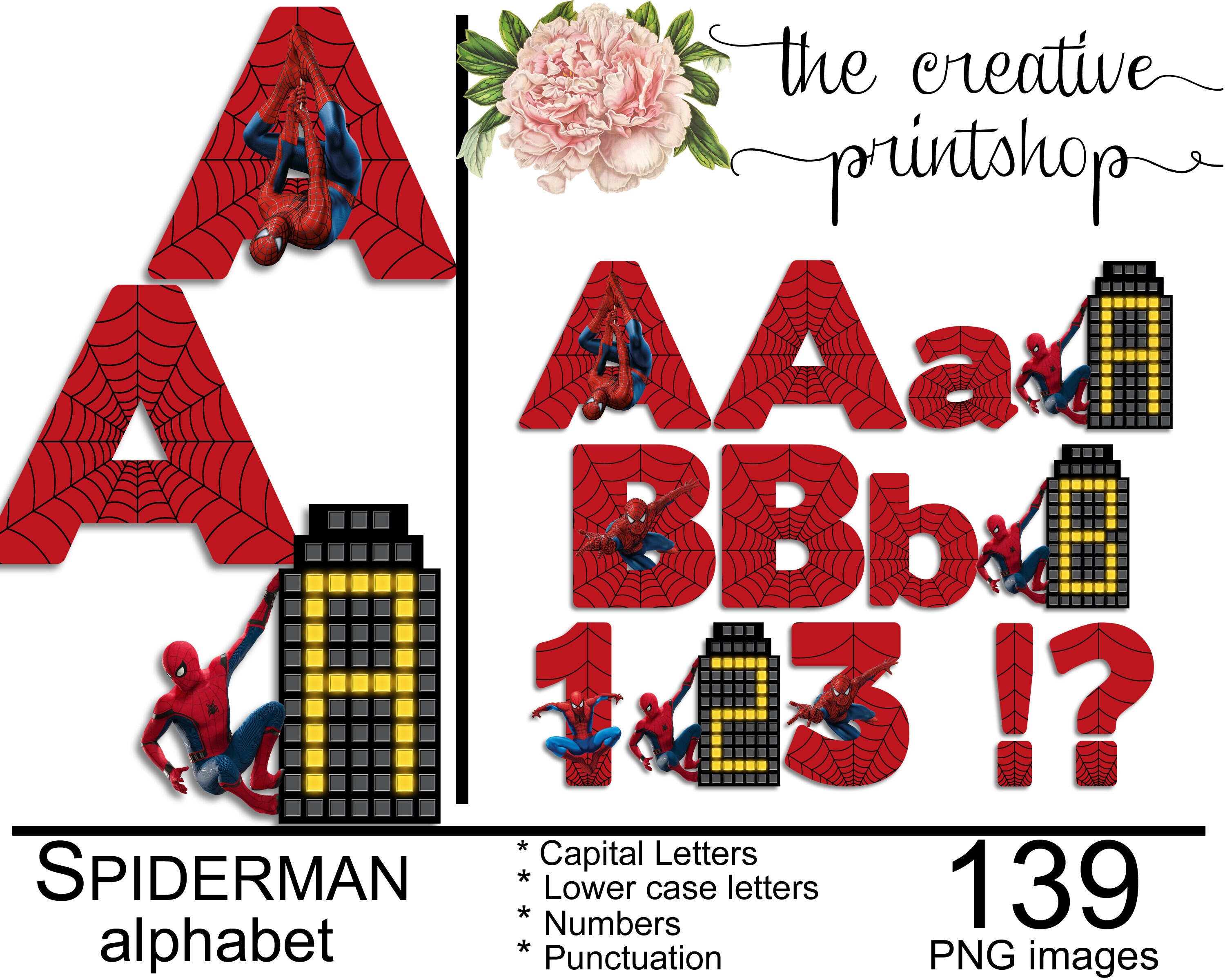 spiderman alphabet font clipart instant download digital etsy