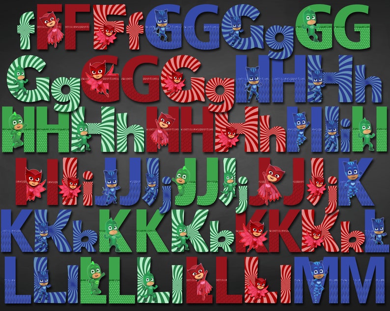 pj masks alphabet font clipart instant download digital etsy