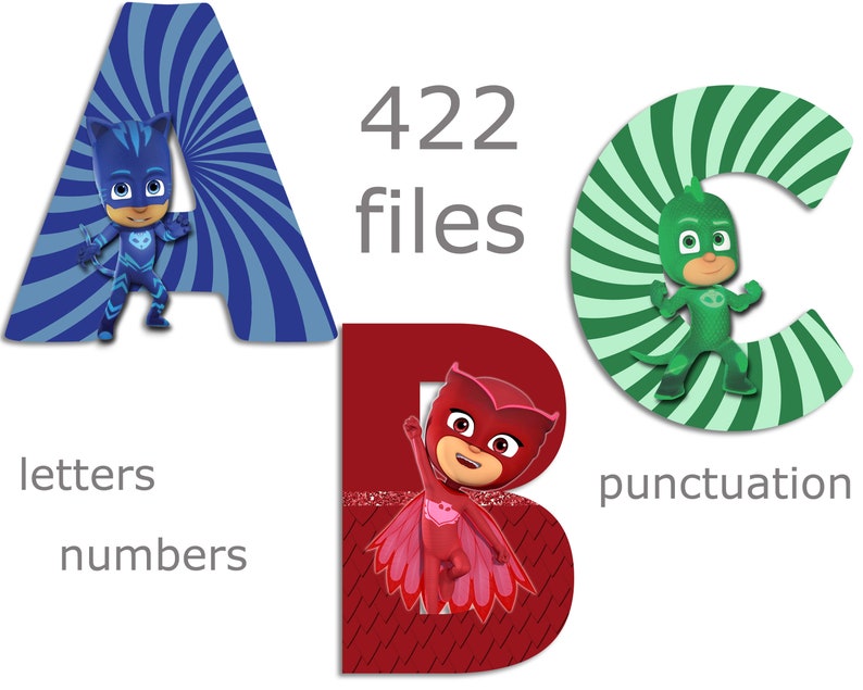 pj masks alphabet font clipart instant download digital etsy