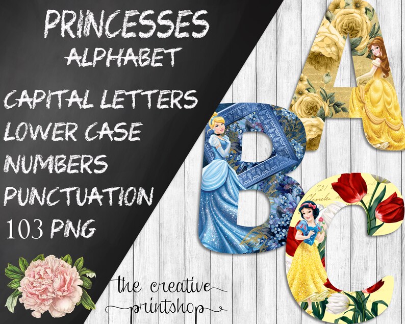 Disney Princesses Alphabet Font Clipart Princess Alphabet Etsy