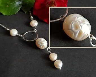 Véritable Pearl Skull Sterling Collier de mariée à la main sculpté collier de perles spinner pendentif crâne bijoux crâne perle réelle perle