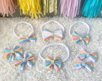 RTS: Pastel Rainbow Floppy Bow Head Wrap, Messy Bow, Baby Headband, Headband, Turban, Knot, Clips, Girl Bow, Big Bow, Baby Bow, Petite Bow