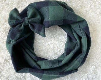 Green Buffalo Plaid Infinity Scarf, Baby Scarf, Scarves, Baby Bow, Clips, Girl Bow, Mommy and Me, Petite Bow, Piggies