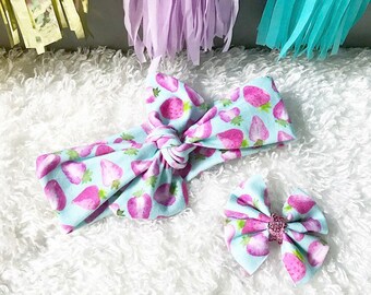 Mint Berries Floppy Bow Head Wrap, Messy Bow, Baby Headband, Headband, Turban, Knot, Clips, Girl Bow, Big Bow, Baby Bow, Strawberries