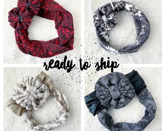 RTS: Winter Bow/Scarf Sets, Infinity Scarf, Baby Scarf, Scarves, Baby Bow, Clips, Girl Bow, Mommy and Me, Petite Bow, Piggies
