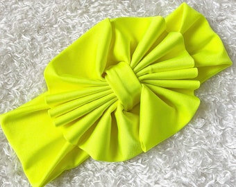 Neon Yellow Floppy Bow Head Wrap, Messy Bow, Baby Headband, Headband, Turban, Knot, Clips, Girl Bow, Big Bow, Baby Bow, Petite Bow, Piggies