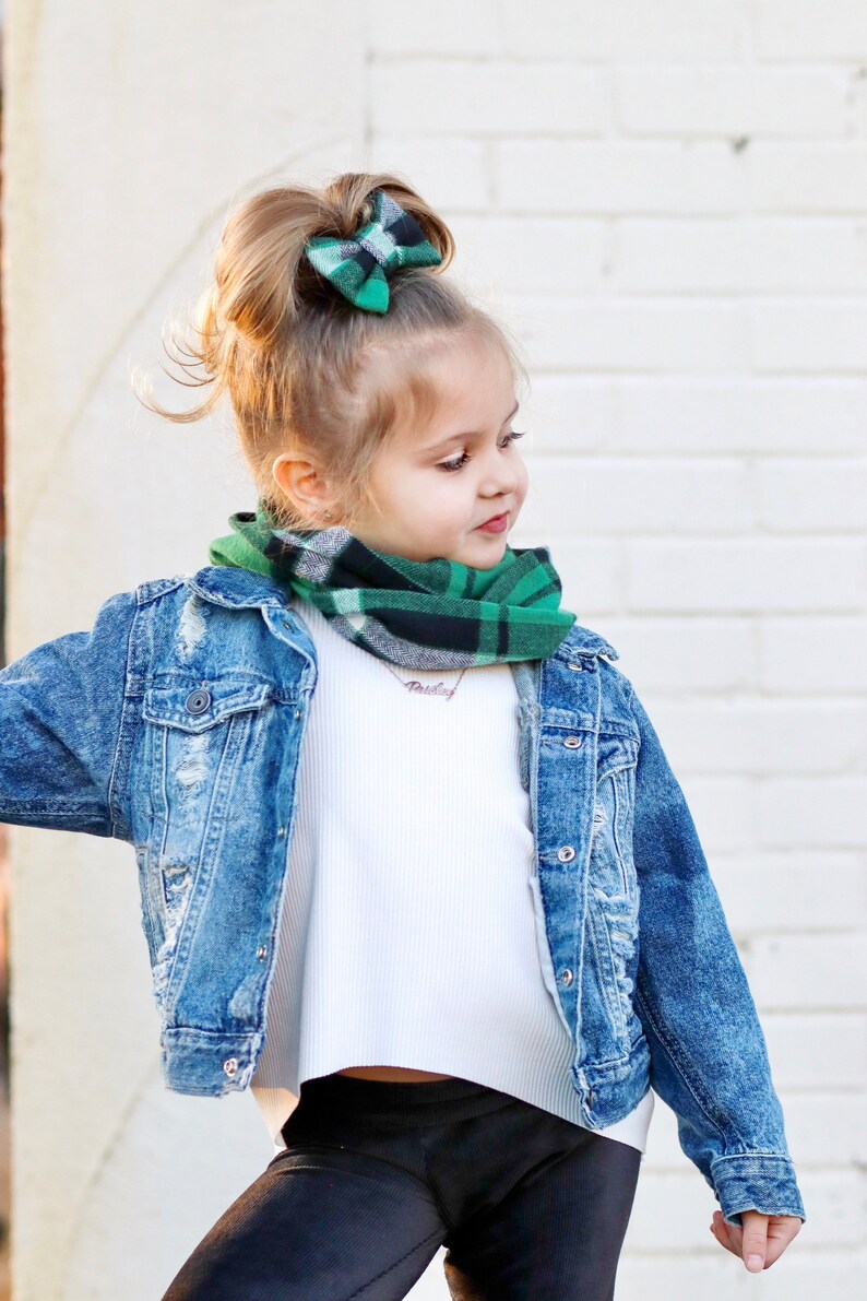 Green Plaid Infinity Scarf, Baby Scarf, Scarves, Baby Bow, Clips, Girl Bow, Mommy and Me, Petite Bow, Piggies image 3