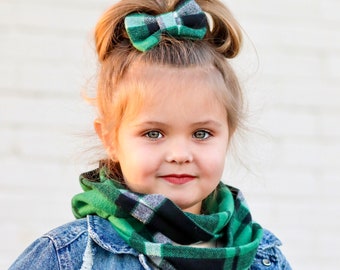 Green Plaid Infinity Scarf, Baby Scarf, Scarves, Baby Bow, Clips, Girl Bow, Mommy and Me, Petite Bow, Piggies