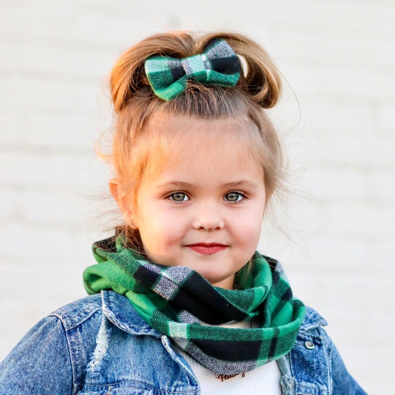 Green Plaid Infinity Scarf, Baby Scarf, Scarves, Baby Bow, Clips, Girl Bow, Mommy and Me, Petite Bow, Piggies image 1