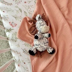 Mini horse ragdoll / crochet speckled horse / western nursery / handmade / black and cream speckled body with brown hair and hooves