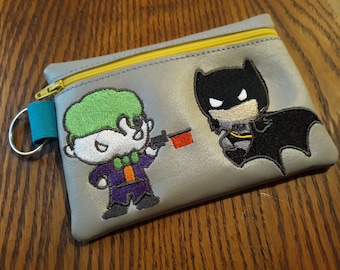 Hero and Villain Embroidered Vinyl Bag // Pouch // Wallet // Pencil Case // Comic Bat Joker