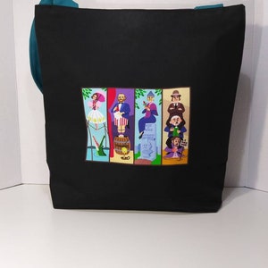 Stretching Portraits Tote; nerdy geeky sturdy gym bag haunted spooky teal purple 13×14 Fully Lined