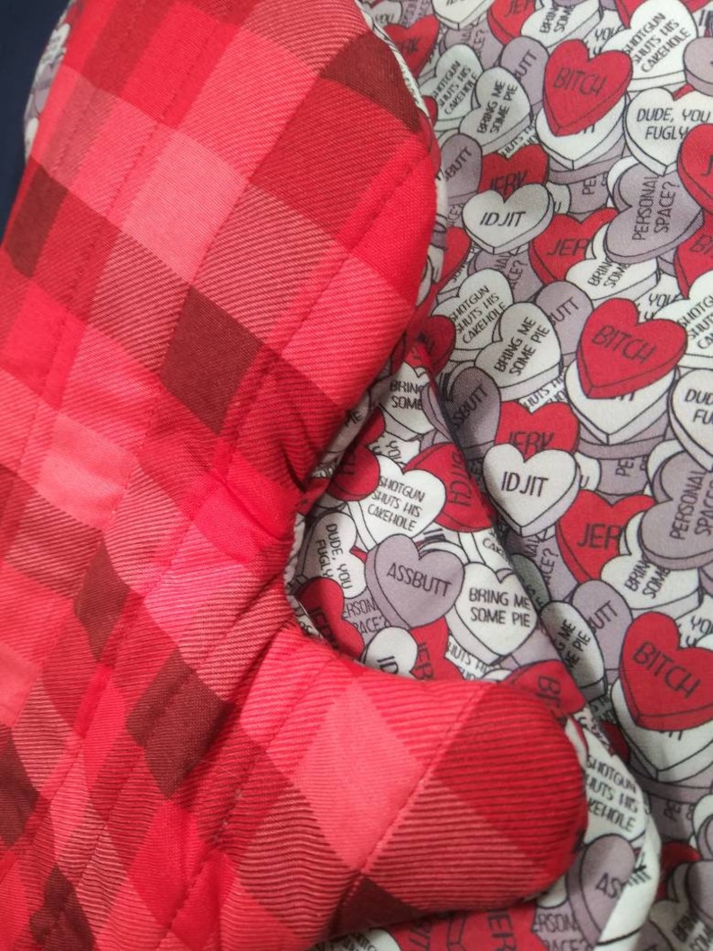 Conversation Hearts Supernatural Oven Mitt; Red Gray nerdy kitchen accessories unique geeky gift galentines valentines candy