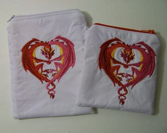 MANY SIZES AVAILABLE - Dragon Love Embroidered Wallet Coin Purse // Pink Red Heart // Wristlet Pouch Dice Bag