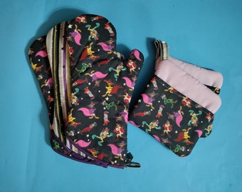 Let's get Dangerous Characters Oven Mitt or Pot Holder Set of 2; 90s cartoon nerdy kitchen linens geeky great gift cooking baking tv show