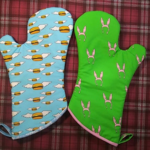 Burger Family Inspired Oven Mitt(s); Fully Lined tv show nerdy gift kitchen accessories bunny ears fully lined