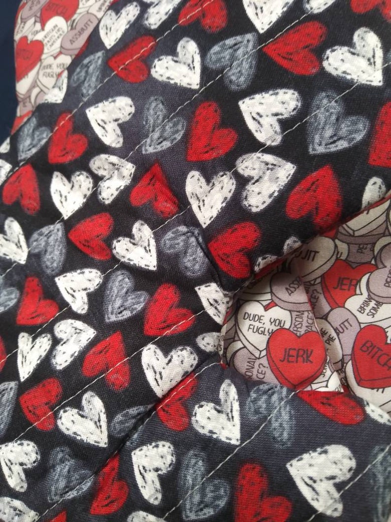 Conversation Hearts Supernatural Oven Mitt; Red Gray nerdy kitchen accessories unique geeky gift galentines valentines candy