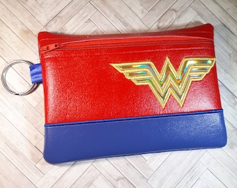 Wonder Superhero Embroidered Vinyl Bag // Pouch // Wallet Coin Purse // Pencil Case // Woman Comic