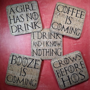 A Song of Booze and Coffee // 5 Piece Embroidered Cork Coaster Set // Game Thrones