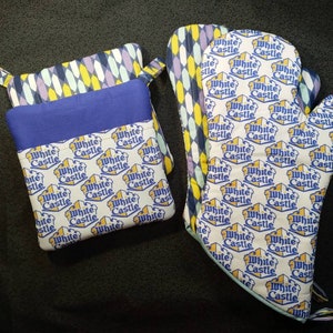 Home of the Sliders Oven Mitt or Pot Holders; Fully Lined fast food logo castle retro vibe nerdy gift kitchen accessories