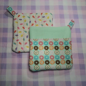 Donuts Hot Pad Set of 2; nerdy kitchen linens geeky great gift kawaii mint pastel
