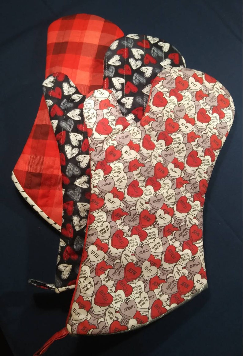 Conversation Hearts Supernatural Oven Mitt; Red Gray nerdy kitchen accessories unique geeky gift galentines valentines candy