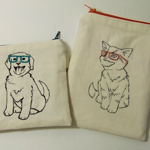 MUCHOS TAMAÑOS DISPONIBLES - Furry Friends Cartera bordada Monedero de monedas // Gato gatito // Cachorro de perro // Gafas // Bolsa de dados de la bolsa de pulsera