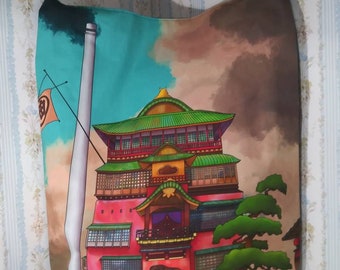 Spirit Realm Bathhouse XL Tote; nerdy geeky sturdy gym bag anime teal 21×18 Fully Lined snap closure