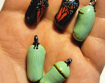 Metal Monarch Butterfly Chrysalis Cocoon Pendants - hand shaped metal