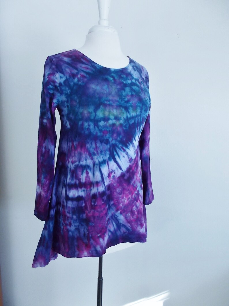 Small Hanky-hem tunic Ice dye tie dye Women/'s Long Sleeve Cotton Shirt