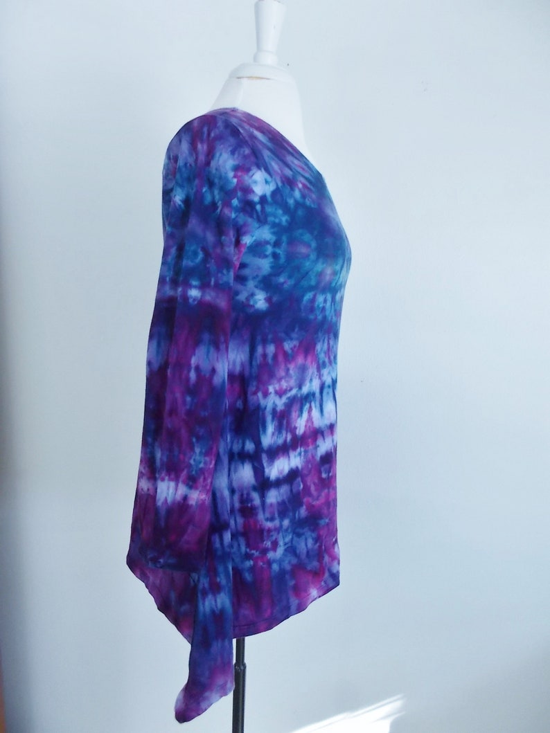 Small Hanky-hem tunic Ice dye tie dye Women/'s Long Sleeve Cotton Shirt