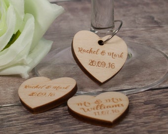 50 Wooden Wedding Hearts, Personalised Mr & Mrs Love Heart Wedding Table Decoration, Custom Favours, for a romantic rustic themed wedding