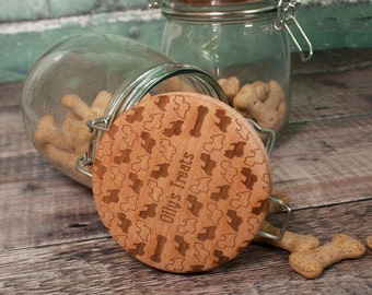 Dog Treat Jar personalised glass storage with solid beech lid custom engraved with your dog silhouette, a gift for the owner and their pet