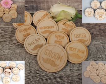 Custom Badges personalised with names and roles for for Bridal Party Boutonniere, hen party, stag do
