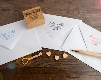 Return address stamp with a beech wood handle. Choose one of three styles personalised for a Wedding Invitation or Correspondence RSVP.