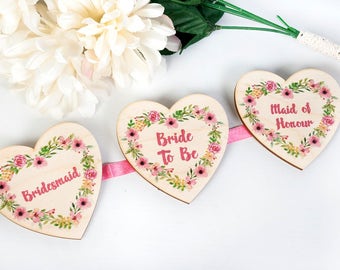 Heart shaped printed badges perfect for Hen or bridal parties as a gift or alternative corsage or boutonniere.