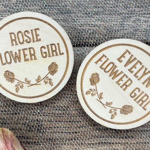 Flower Girl Rose Badge, an elegant personalised engraved wedding party badge an ideal alternative corsage, perfect for little ones