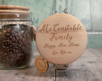 Personalised crafted glass Storage Jar with Engraved Beech Lid, ideal gift for engagement, wedding or new home, with gift wrapping