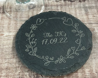 Slate Coaster, Engraved with a heart design and personalised with your details, wedding, engagement, anniversary, birthday or proposal gift.