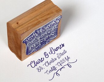 Return address stamp with a beech wood handle. Choose one of three styles personalised for a Wedding Invitation or Correspondence RSVP.