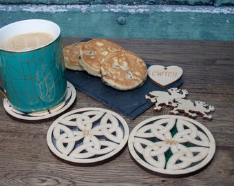 Celtic  Knot Design Wooden Coaster -  available with Welsh Dragon, Daffodil or plain design made in Wales