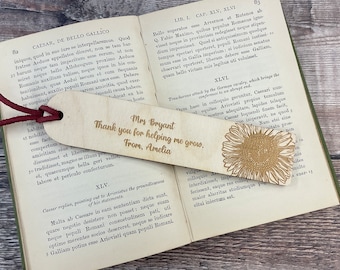 Bookmark with flower design and personalised text engraving. Personalised Teacher Gift