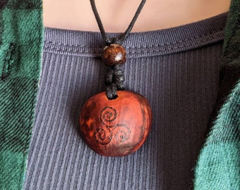 Hand-Carved Avocado Stone Necklace Mystic Triple Spiral Triskele Natural Jewelry