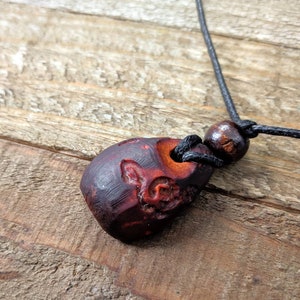 May include: A dark red wooden pendant with intricate carvings hangs from a black cord with a brown wooden bead.