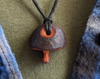 Hand-Carved Avocado Stone Necklace Mushroom Toadstool Natural Jewelry