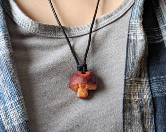 Hand-Carved Avocado Stone Necklace Mushroom Toadstool Natural Jewelry