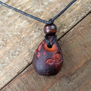 May include: A dark brown wooden pendant with intricate carvings, hanging from a black cord with a dark brown wooden bead.